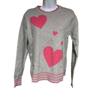 Marled Womens Gray Sweater With Pink Heart Print & Striped Ribbed Knit Trim XS